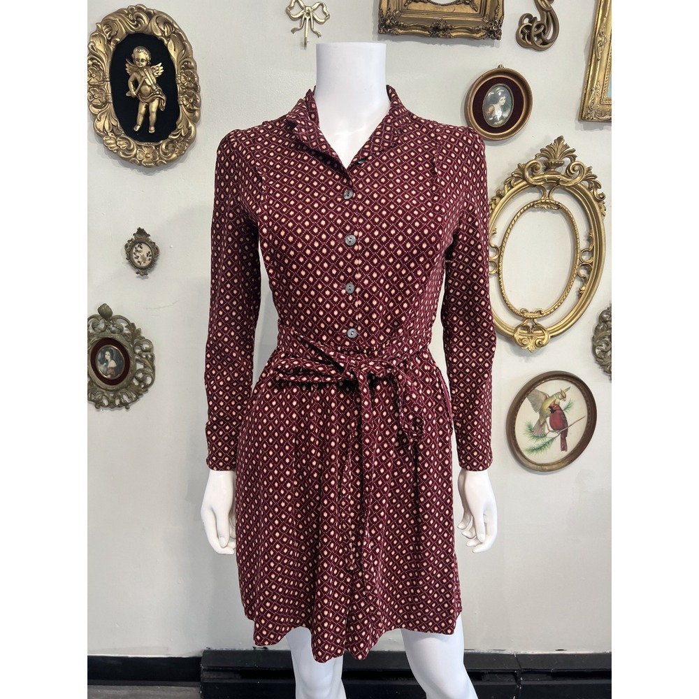 Vintage Laura Ashley Burgundy Geometric Print Corduroy Shirt Dress Size US 6 UK8